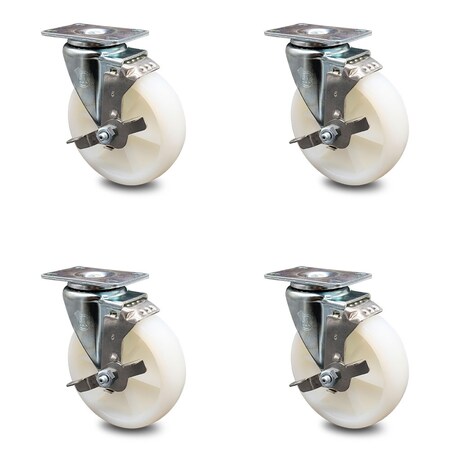 Service Caster 5 Inch Nylon Wheel Swivel Top Plate Caster Set with Brake SCC-20S514-NYS-TLB-TP3-4